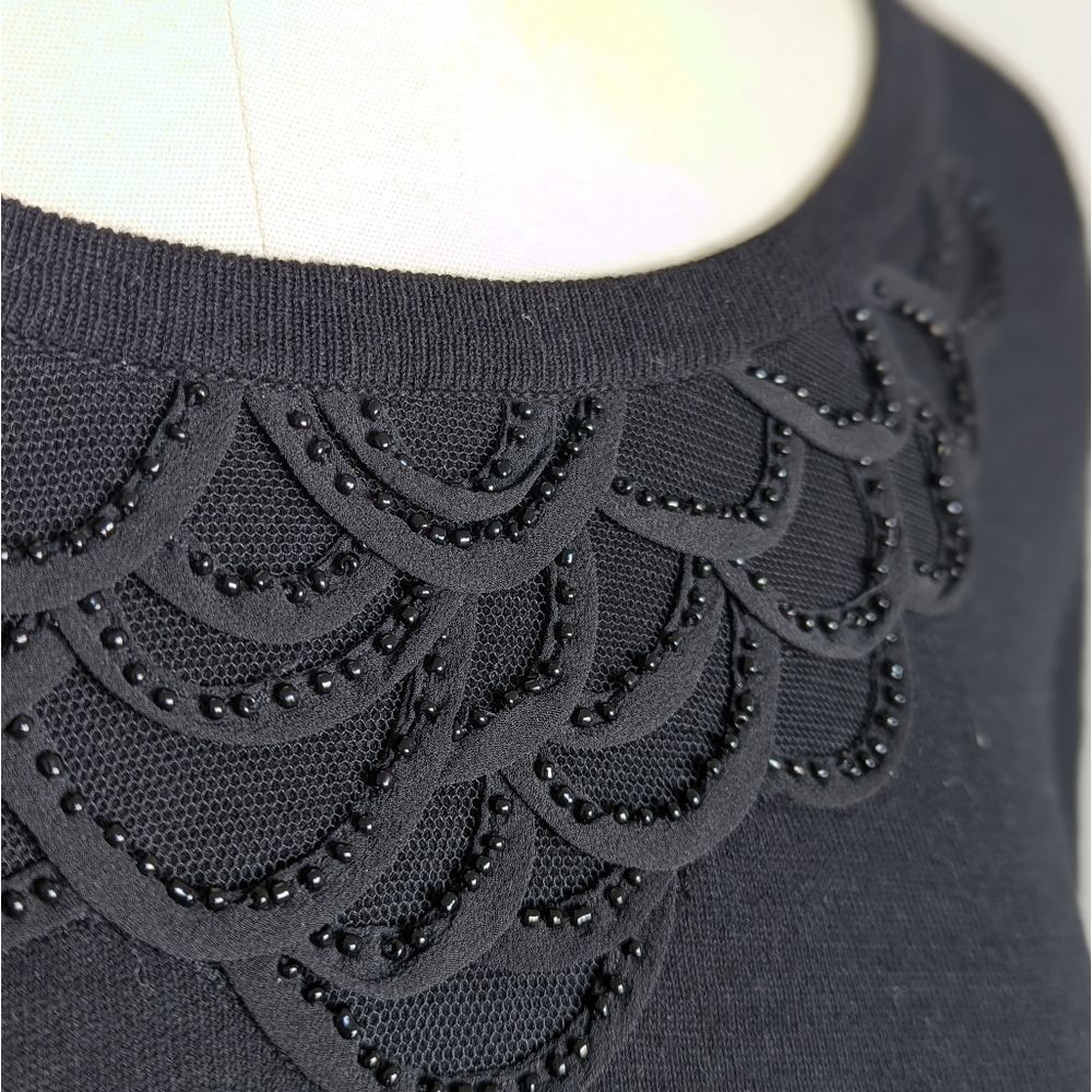 Black cotton silk knit lightweight sweater tshirt with beaded neckline L - Picture 9 of 9